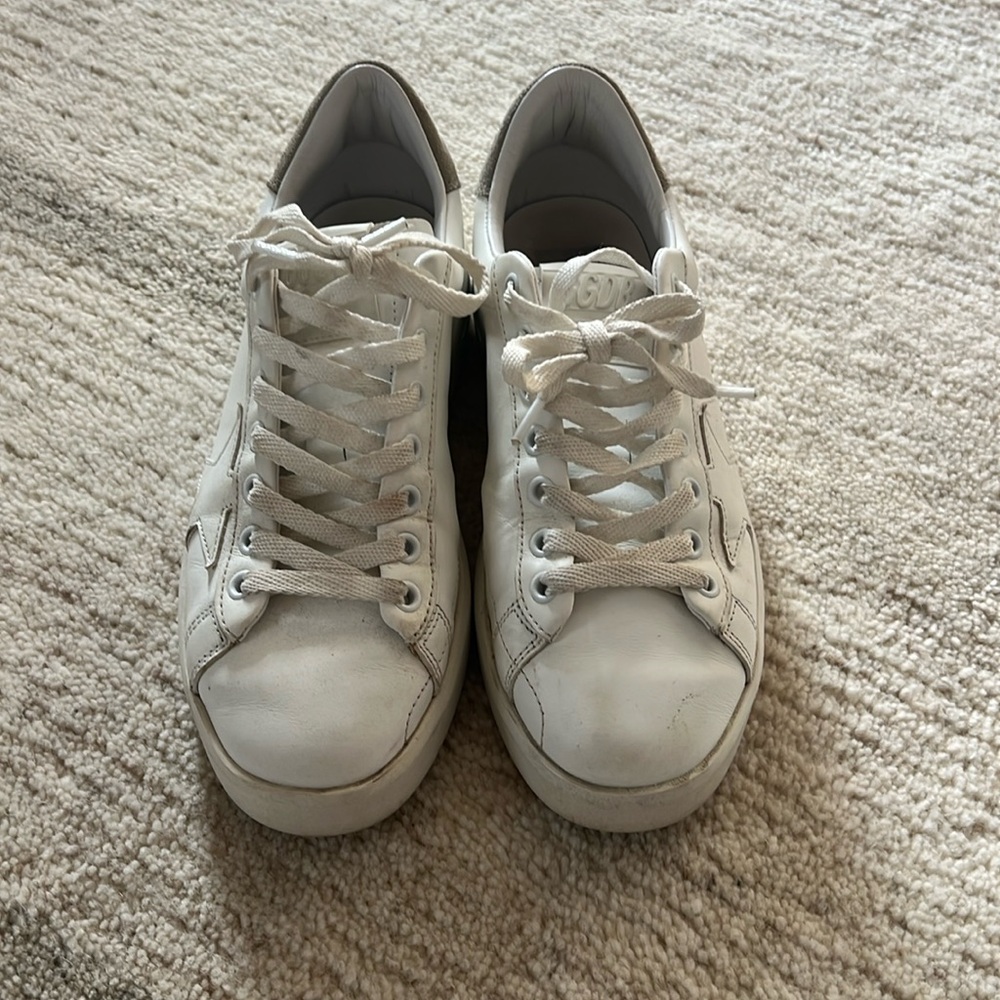 Golden goose Purestar with white star and gray leather heel tab